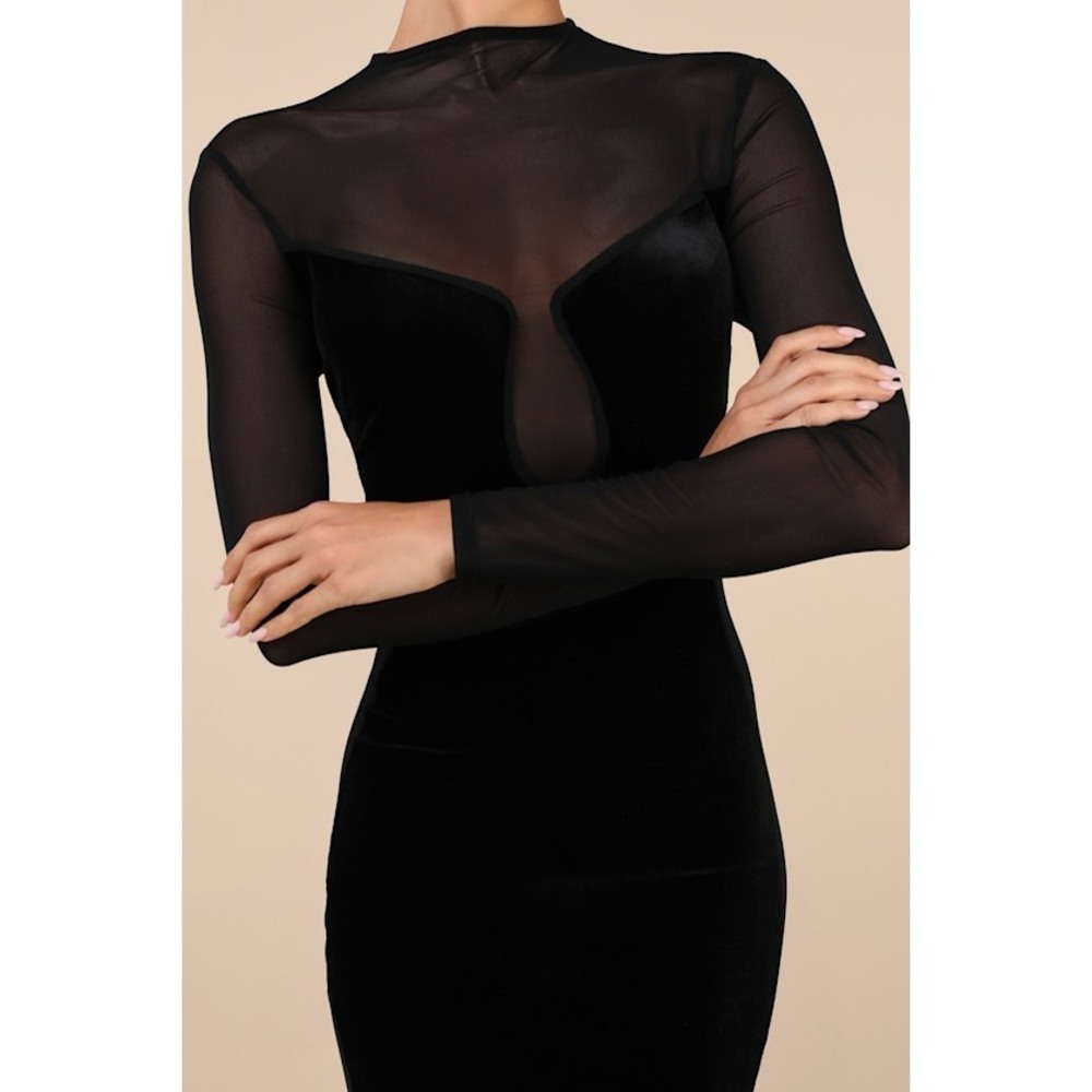 Lulus Irresistible Details Black Velvet Mesh Long Sleeve Mini Dress - Size S